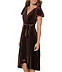 Color:Chocolate - Image 3 - Velvet Short Flutter Sleeve V-Neck Faux Wrap Dress