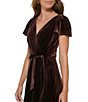Color:Chocolate - Image 4 - Velvet Short Flutter Sleeve V-Neck Faux Wrap Dress
