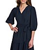 Color:Navy - Image 4 - V Neck 3/4 Sleeve Tiered Woven Midi Dress