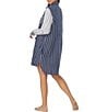 Color:Navy Stripe - Image 2 - Woven Striped Patchwork Print Long Sleeve Button-Front Nightshirt