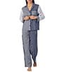Color:Navy Stripe - Image 3 - Woven Striped Patchwork Print Long Sleeve Notch Collar Pajama Set