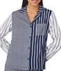 Color:Navy Stripe - Image 4 - Woven Striped Patchwork Print Long Sleeve Notch Collar Pajama Set