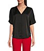 Donna Karan DKNY by Donna Karan Woven V-Neck Short Sleeve Blouse, Color:Black - Image 1