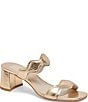 Color:Gold Distressed Leather - Image 1 - Ilva Mid Heel Distressed Metallic Leather Wavy Band Slide Sandals