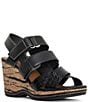 Color:Black - Image 1 - Fabelle Leather Printed Cork Wedge Sandals