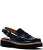 Color:Navy - Image 1 - Halie Crocodile Embossed Patent Leather Slingback Penny Loafers
