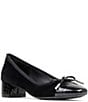 Donald Pliner Josefina Suede Crocodile Embossed Patent Cap Toe Block Heel Bow Pumps - Image 6