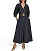 Donna Karan 3/4 Sleeve Collared Neck Belted Linen Blend Midi Shirt Dress, Color:Nightfall - Image 1