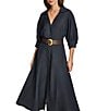 Donna Karan 3/4 Sleeve Collared Neck Belted Linen Blend Midi Shirt Dress, Color:Nightfall - Image 3