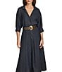 Donna Karan 3/4 Sleeve Collared Neck Belted Linen Blend Midi Shirt Dress, Color:Nightfall - Image 4