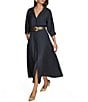 Donna Karan 3/4 Sleeve Collared Neck Belted Linen Blend Midi Shirt Dress, Color:Nightfall - Image 5