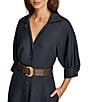 Donna Karan 3/4 Sleeve Collared Neck Belted Linen Blend Midi Shirt Dress, Color:Nightfall - Image 6