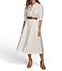 Color:Cream - Image 1 - 3/4 Sleeve Collared Neck Belted Pocketed Sateen Midi Dress