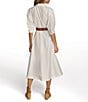 Color:Cream - Image 2 - 3/4 Sleeve Collared Neck Belted Pocketed Sateen Midi Dress