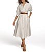 Color:Cream - Image 3 - 3/4 Sleeve Collared Neck Belted Pocketed Sateen Midi Dress