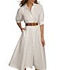 Color:Cream - Image 4 - 3/4 Sleeve Collared Neck Belted Pocketed Sateen Midi Dress