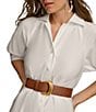 Color:Cream - Image 5 - 3/4 Sleeve Collared Neck Belted Pocketed Sateen Midi Dress