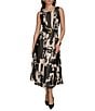 Donna Karan Abstract Print Crew Neck Sleeveless Belted Scuba A-Line Midi Dress, Color:Black/Sand - Image 1