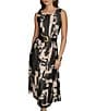 Donna Karan Abstract Print Crew Neck Sleeveless Belted Scuba A-Line Midi Dress, Color:Black/Sand - Image 4