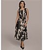 Donna Karan Abstract Print Crew Neck Sleeveless Belted Scuba A-Line Midi Dress, Color:Black/Sand - Image 6
