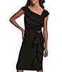 Color:Black - Image 5 - Cap Sleeve Asymmetrical Neck Front Ruffle Crepe Dress