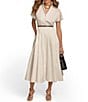 Color:Cream - Image 1 - Collared Short Sleeve Midi Shirt Dress