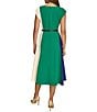 Donna Karan Color Block Boat Neck Cap Sleeve Belted Cady Crepe A-Line Midi Dress, Color:Cosmos/Lawn - Image 2