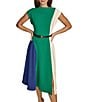 Donna Karan Color Block Boat Neck Cap Sleeve Belted Cady Crepe A-Line Midi Dress, Color:Cosmos/Lawn - Image 4