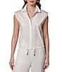 Donna Karan Cotton Poplin Point Collar Cap Sleeve Drawstring Hem Button Front Blouse - Image 1
