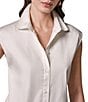 Donna Karan Cotton Poplin Point Collar Cap Sleeve Drawstring Hem Button Front Blouse - Image 3