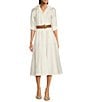 Donna Karan Cotton Sateen Collared Neck Short Sleeve Belted Midi Shirt Dress, Color:Cream - Image 1