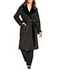 Donna Karan Faux Shearling Notch Collar Belted Button Front Wrap Coat, Color:Black - Image 3