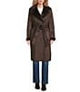Donna Karan Faux Shearling Notch Collar Belted Button Front Wrap Coat, Color:Dark Brown - Image 2