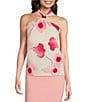 Color:Rose Quartz - Image 1 - Floral Stretch Crepe Jersey Halter Keyhole Neck Sleeveless Top