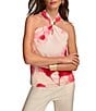 Color:Rose Quartz - Image 5 - Floral Stretch Crepe Jersey Halter Keyhole Neck Sleeveless Top