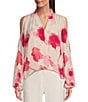 Color:Rose Quartz - Image 1 - Floral Textured Georgette Cold Shoulder Long Sleeve Blouse
