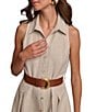 Color:Natural - Image 4 - Linen Blend Sleeveless Point Collar V-Neck Side Pocket Belted A-Line Pleated Button Front Midi Dress