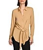 Color:Fawn - Image 1 - Point Collar Long Sleeve Button Down Tie Waist Tunic