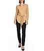 Color:Fawn - Image 3 - Point Collar Long Sleeve Button Down Tie Waist Tunic