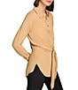 Color:Fawn - Image 4 - Point Collar Long Sleeve Button Down Tie Waist Tunic