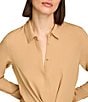 Color:Fawn - Image 6 - Point Collar Long Sleeve Button Down Tie Waist Tunic