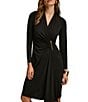 Color:Black - Image 3 - Long Sleeve V-Neck Gold Hardware Embellished Faux Wrap Dress