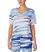 Color:Blue Multi - Image 1 - Micro Modal Multi Striped Short Sleeve V-Neck Coordinating Lounge Top