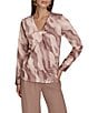 Donna Karan Mink Combo Printed Satin Twist Front V-Neck Long Sleeve Blouse, Color:Mink Combo - Image 1