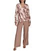 Donna Karan Mink Combo Printed Satin Twist Front V-Neck Long Sleeve Blouse, Color:Mink Combo - Image 3