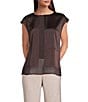 Donna Karan Mixed Media Crew Neck Cap Sleeve Top, Color:Chocolate Plum - Image 1