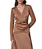 Donna Karan Mixed Media Draped Surplice V-Neck Side Shirred Satin Front Top - Image 1