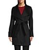 Donna Karan Petite Size Wool Blend Asymmetrical Wing Collar Belted Wrap Coat, Color:Black - Image 2