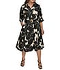 Donna Karan Plus Size Collar Neck Elbow Sleeve Belted A-Line Cotton Sateen Midi Dress, Color:Black/Parchment - Image 1