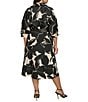 Donna Karan Plus Size Collar Neck Elbow Sleeve Belted A-Line Cotton Sateen Midi Dress, Color:Black/Parchment - Image 2